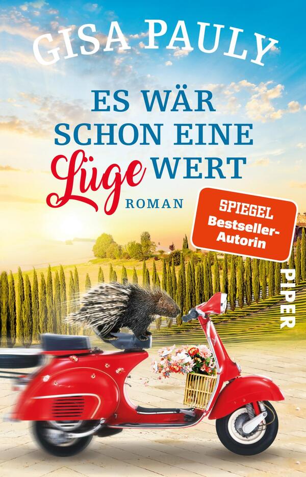 Das Buchcover zeigt eine lila bis hellblaue Farbpalette mit einem bunten, fröhlichen Hintergrund. Im Vordergrund steht ein roter Roller, auf dem ein Igel sitzt, umgeben von bunten Blumen. Oben in großen Buchstaben steht der Titel „Es wär schon eine Lüge wert“ in schwarzer und roter Schrift. Der Autorenname „Gisa Pauly“ ist in weißen, geschwungenen Buchstaben platziert. Rechts unten ist ein orangefarbener Aufkleber mit dem Text „SPIEGEL Bestseller-Autorin“ zu sehen.