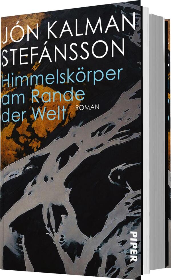 Das Buchcover zeigt einen abstrakten, dunklen Hintergrund mit fließenden, hellen und orangen-goldenen Linien, die sich durchziehen. Der Titel „Himmelskörper am Rande der Welt“ ist in auffälliger, blauer Schrift platziert, während der Autorennamen „Jón Kalman Stefánsson“ in einer eleganten, weißen Schrift angezeigt wird. Die Atmosphäre vermittelt eine Mischung aus Mystik und Weite. Das Cover eignet sich für einen Roman im literarischen Genre.