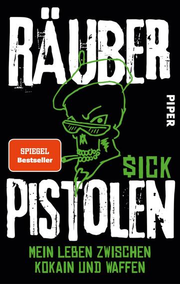 Das Buchcover zeigt einen schwarzgrundigen Hintergrund mit den auffällig großen, weißen Buchstaben „RÄUBER“ und „PISTOLEN“, welche in schroffen, graffitiähnlichen Schriftarten gestaltet sind. Unter dem Titel befindet sich der Untertitel „Mein Leben zwischen Kokain und Waffen“ in kleinerer, einfacher Schrift. Im Zentrum ist eine stilisierte Figur mit Sonnenbrille, die eine berüchtigte Ausstrahlung hat und eine Zigarette im Mundwinkel hält. Der Name „$ick“ ist in leuchtendem Grün hervorgehoben, was eine edgy Atmosphäre erzeugt.