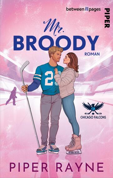 Das Buchcover zeigt ein romantisches Motiv auf einer Eisfläche. Im Vordergrund stehen zwei Figuren: Ein junger Mann in einem blauen Sporttrikot mit der Nummer 2 und eine junge Frau, die ihm lächelnd zugewandt ist. Die Farbpalette besteht aus sanften Rosa- und Blautönen, die eine harmonische Atmosphäre kreieren. Oberhalb der Figuren befindet sich der Titel „Mr. BROODY“ in markanter, blauer Schrift. Am unteren Rand ist der Schriftzug „PIPER RAYNE“ in großer, klarer Typografie platziert. Im Hintergrund ist eine schemenhafte Figur in skaterähnlicher Pose erkennbar.