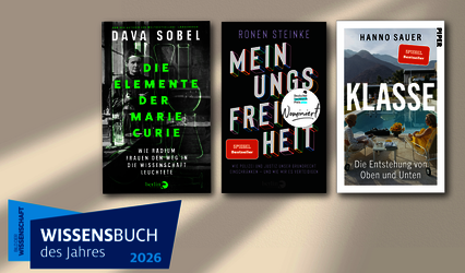 Die Cover der Bücher von Hanno Sauer mit „Klasse. Die Entstehung von Oben und Unten“, Dava Sobel mit „Die Elemente der Marie Curie“ und Ronen Steinke mit „Meinungsfreiheit“ auf hellem Hintergrund. Links unten im Bild das Logo der Bild der Wissenschaft für das Wissensbuch des Jahres 2026.