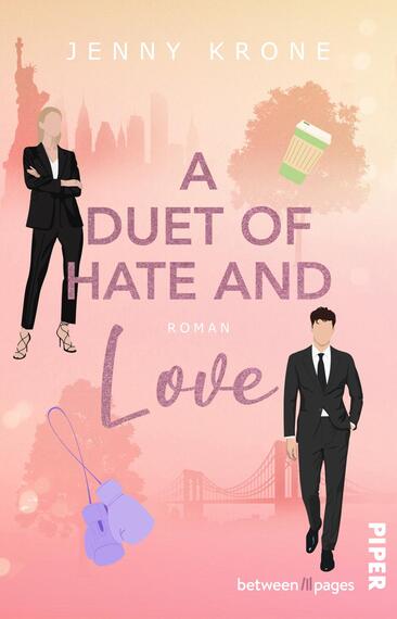 Das Buchcover zeigt einen pastelrosa Hintergrund mit einer skizzierten Stadtsilhouette im oberen Bereich. In der Mitte steht der Titel „A DUET OF HATE AND LOVE“ in großen, auffälligen Buchstaben, wobei „HATE“ und „LOVE“ in unterschiedlichen Schriftstilen dargestellt sind. Zwei stilisierte Figuren, eine Frau in schwarzer Kleidung und ein Mann in Anzug, sind am unteren Rand positioniert. Um sie herum sind Illustrationen von einem Kaffeebecher, Boxhandschuhen und einem rosa Element verteilt. Der Autor „JENNY KRONE“ ist oben links platziert.