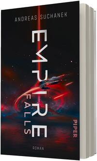 Das Buchcover zeigt ein dunkles, sci‑fi‑motiv mit roten Lichtspuren und Reflexionen über einer Wasserfläche; mittig vertikal der weiße Titel „EMPIRE FALLS“ in großen, gestaffelten Großbuchstaben, oben der Autorname „ANDREAS SUCHANEK“, unten klein das Wort „ROMAN“. Eine schnelle Raumfähre oder Explosionsspur nähert sich diagonal dem Betrachter, die Farbpalette dominiert von Schwarz, Rot und Blautönen. Verlagssignet nicht beschrieben.