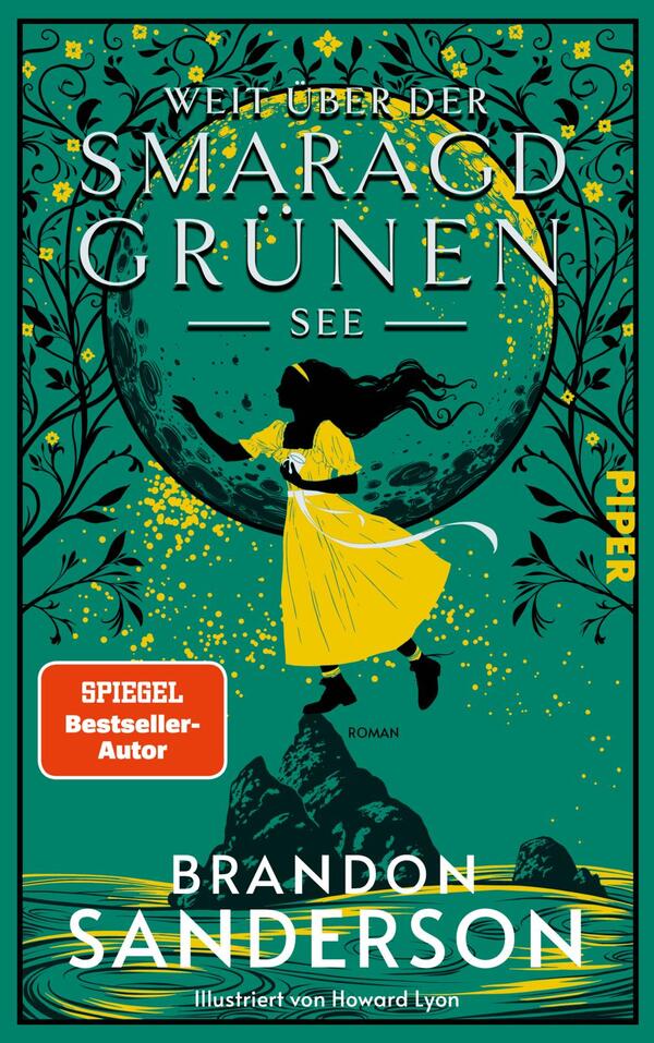 Das Buchcover zeigt eine fantasievolle Szene, in der eine in Gelb gekleidete Figur vor einem großen, smaragdgrünen See steht, umgeben von stilisierten, dunkelgrünen Bäumen und einer leuchtenden, goldenen Halbkugel. Der Titel „Welt über der smaragdgrünen See“ ist in hellgrün auf schwarzem Grund platziert, während der Name des Autors, Brandon Sanderson, in einem klaren, weißen Schriftzug am unteren Rand steht. Ein rotes Label mit der Aufschrift „SPIEGEL Bestseller-Autor“ akzentuiert die Gestaltung. Die Atmosphäre ist mystisch und einladend.