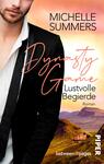 Das Buchcover zeigt einen männlichen Protagonisten in einem eleganten schwarzen Anzug mit offener Hemdkragen, vor einer malerischen Landschaft mit sanften Hügeln und einem romantischen Schloss im Hintergrund. Die Farbpalette ist warm und einladend, ergänzt durch den Titel „Dynasty Game“ in geschwungener, roter Schrift. Darunter steht „Lustvolle Begierde“ in klarer, serifenloser Schrift. Oben befindet sich der Name der Autorin „Michelle Summers“. Das Gesamtbild vermittelt eine Atmosphäre von Spannung und Romantik.