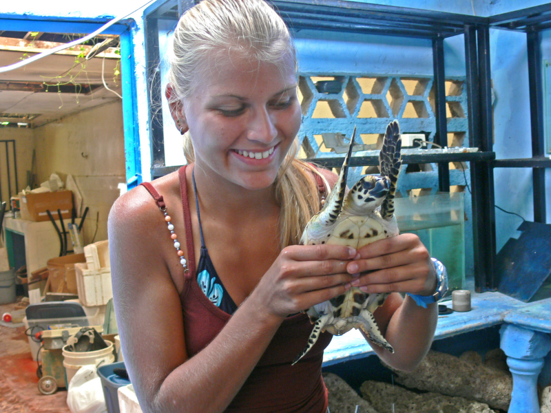 Christine Figgener mit einer kleinen Meeresschildkröte