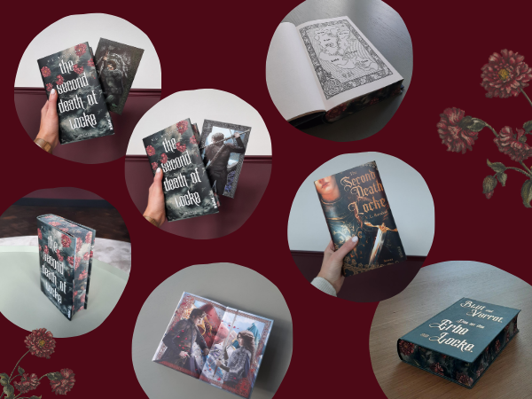 Bilder des Buches, auf denen die besondere Ausstattung (Farbschnitt, Character Card, Wendeumschlag, illustruierte Karte im buch, gestalteter Vor- und Nachsatz und geprägter Buchdeckel) zu sehen sind.
