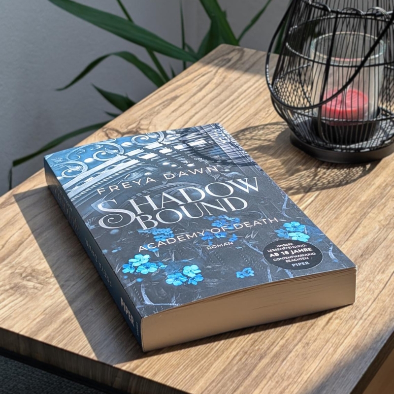 "Shadowbound" liegt auf einem Beistelltischchen. Im Hintergrund ist ein Windlicht und ein Pflanze zu sehen