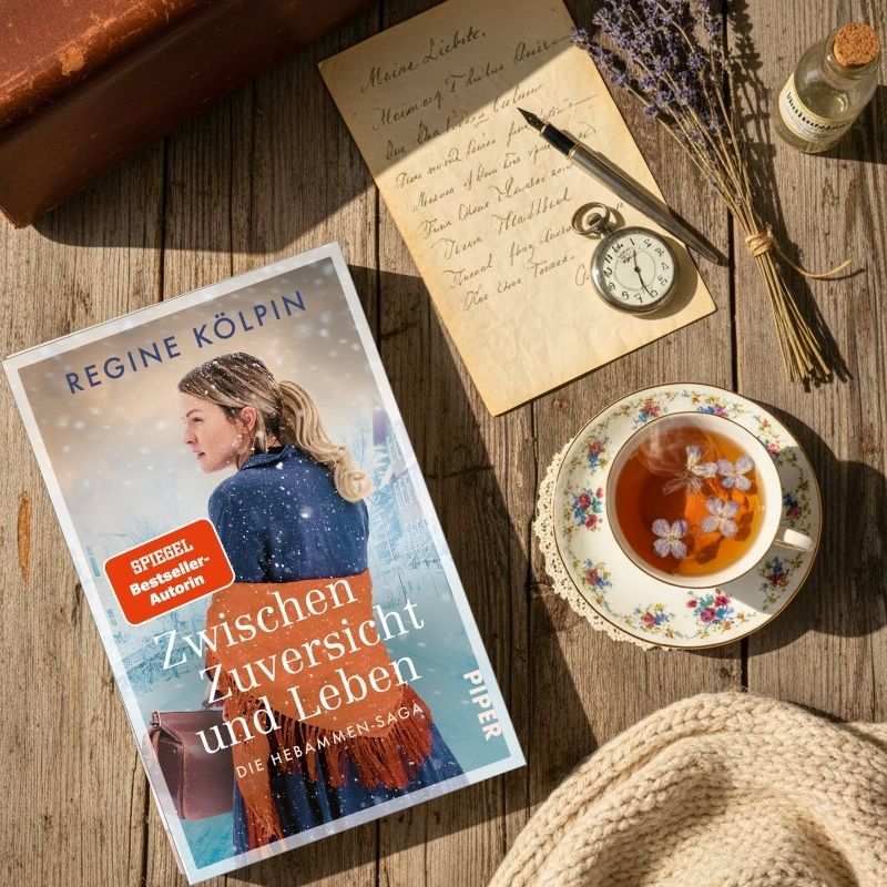 Das Buch „Zwischen Zuversicht und Leben“ von Regine Kölpin liegt auf einem Holztisch. Daneben sind ein handgeschriebener Brief, eine Teetasse mit Blüten, Lavendel, eine Taschenuhr und eine Glasflasche zu sehen.